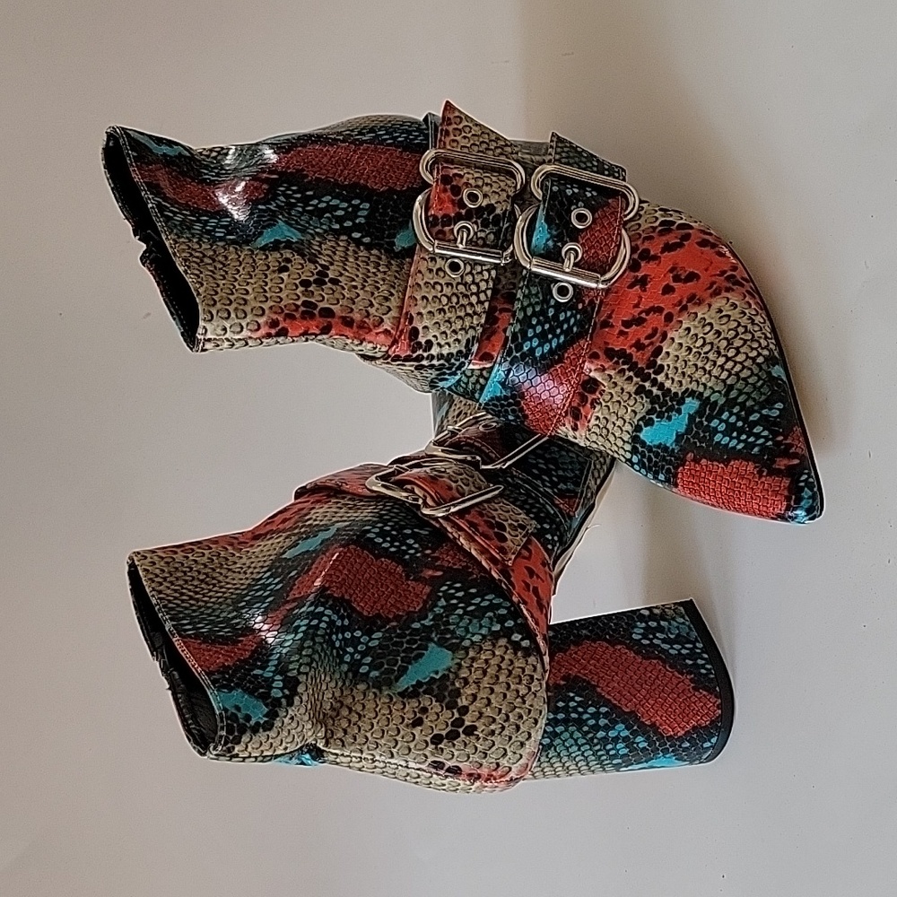 Miss Selfridge snakeskin embossed red blue beige ankle boots Womens sz 8.5